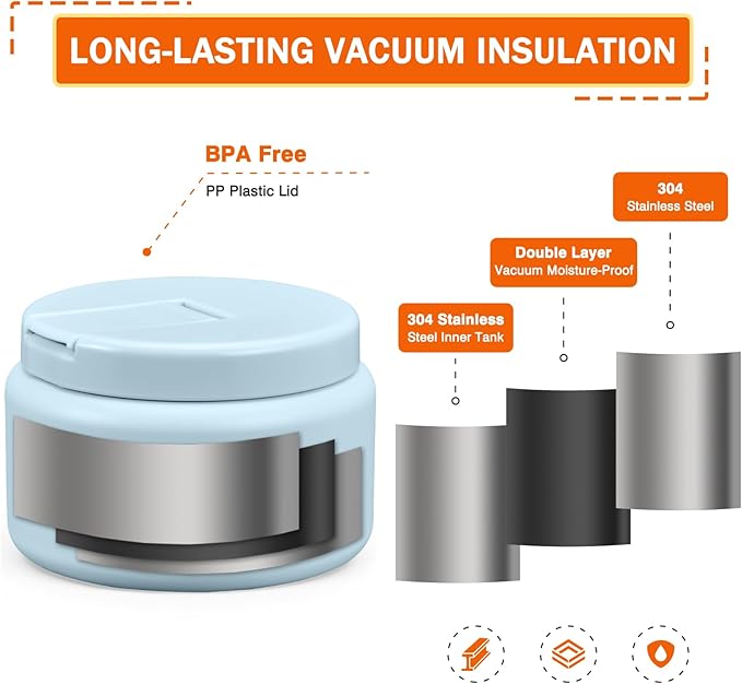 13.5oz Kids Jar for Hot Food, Insulated Vacuum Food Jar with Buckle Lid, Stainless Steel Wide Mouth Leak Proof Insulated Lunch Container for School Picnic Travel, Blue