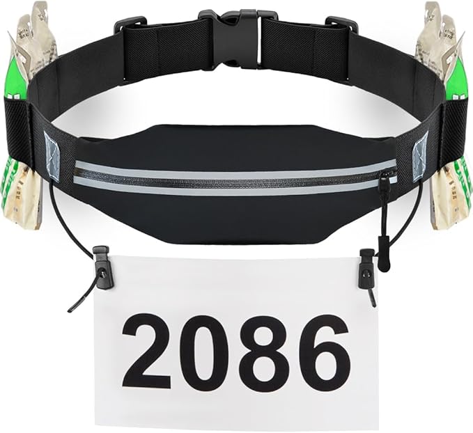 RJ-Sport Triathlon Belt with Pouch - Race Number Bib Holder with 6 Gel Loops, Ideal for Running, Cycling & Marathon (Black)