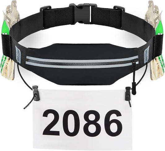 RJ-Sport Triathlon Belt with Pouch - Race Number Bib Holder with 6 Gel Loops, Ideal for Running, Cycling & Marathon (Black)