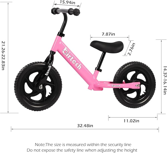 Birtech 12 Inch Toddler Balance Bike for Kids 2-6 Years Old, Adjustable Seat Height, Indoor Outdoor Toy Bicycle With No Pedals, Pink