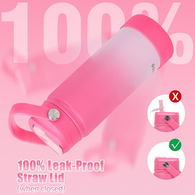 Mininoo Insulated Stainless Steel Kids Water Bottle for School with Straw Lid & Strap, 50 Stickers, 18 oz(Sweat Peach)