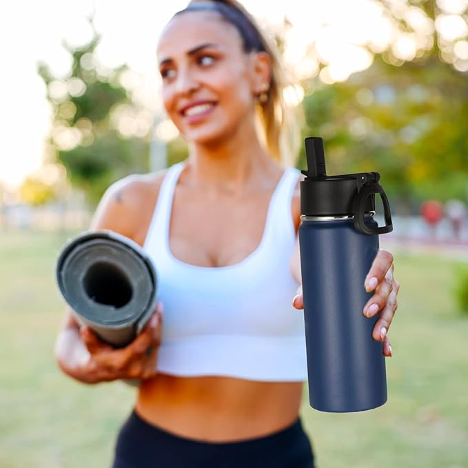 Volhoply 16 OZ Kids Water Bottle Bulk 2 Pack,Insulated Sports Bottles with Straw Lid,Stainless Steel Bottle with Handle Keep Cold & Hot,Double Wall Vacuum Tumbler Cups for School,Girls(Navy, 2)