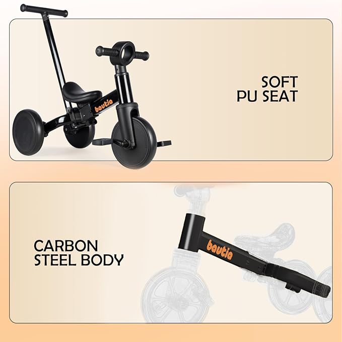 Tricycle for Toddlers 1-3 with Push Handle, 5 in 1 Baby Balance Bike for 1-4 Years Old Kids Toy, Boys Girls Bicycle Gift with Removable Pedals, Black (No Parent Steering Version)