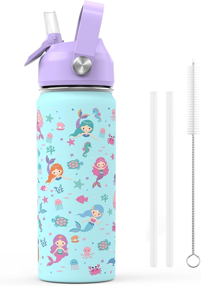 18oz Kids Insulated Water Bottle with Straw Lid - 18/8 Stainless Steel Kid Cup BPA-FREE Tumbler Double Wall Vacuum Leak Proof Portable Toddler Water Bottle for School (Purple Mermaid)