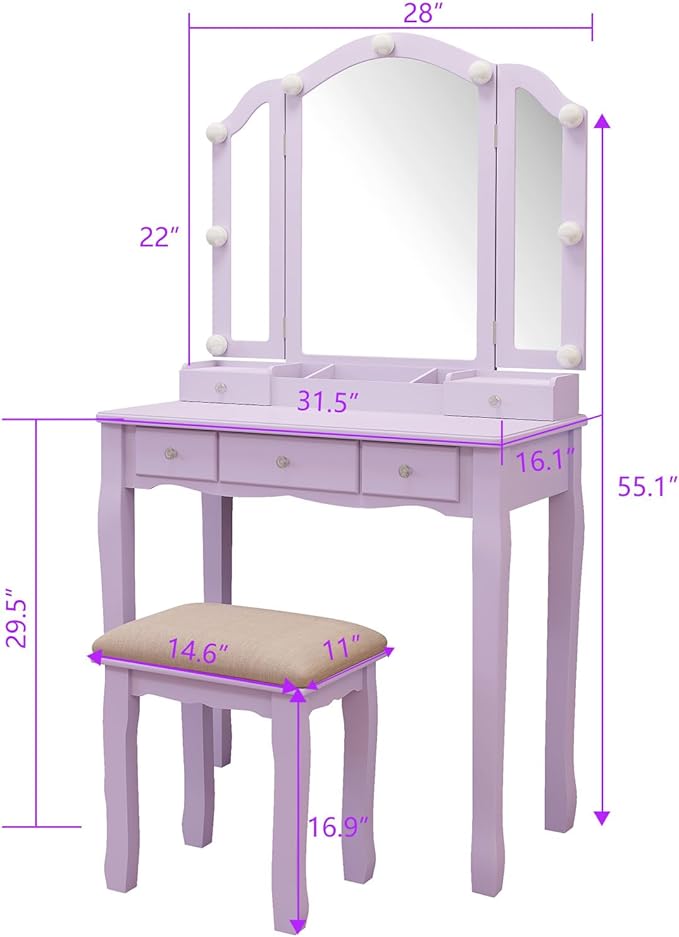 Purple Vanity Makeup Vanity Desk with Lights Vanity for Teen Girls Vanity Set for Teenager Vanity Table with Mirror for Bedroom Vanity Mirror with Lights Girls Desk and Chair
