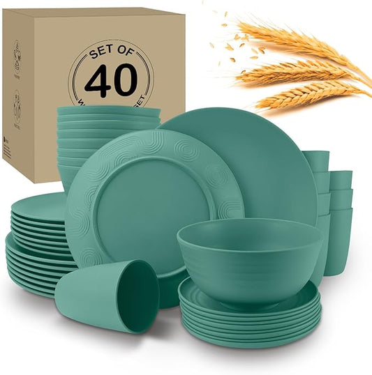 Wrova 40Pack plates and bowls sets for kids - Unbreakable wheat straw dinnerware sets service for 8 - Alternative plastic 40pcs dish sets for kitchen, camping and indoors dinning - (Green)