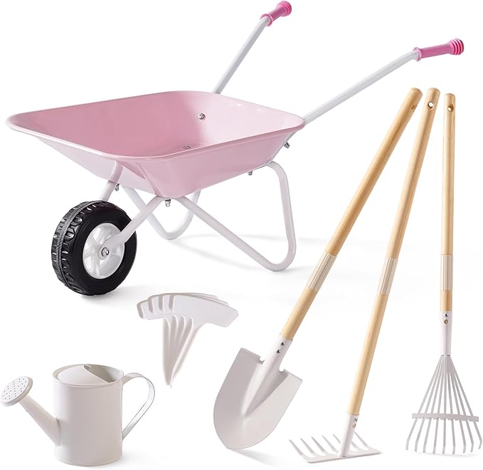 ROBOTIME Kids Wheelbarrow with Gardening Set – Metal Wheelbarrow Toddler Outdoor Play Toy with Garden Tools, Watering Can & Plant Labels, Pretend Play Yard Equipment for Boys and Girls (Pink)