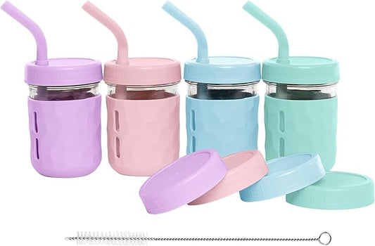 WeeSprout Glass Cups With Lids & Straws, Spill-Resistant Smoothie Jars for Toddlers & Kids, Baby Food Storage & Snack Containers, XL Silicone Straw, Easy-grip Sleeves, Set of Four, Dishwasher Safe