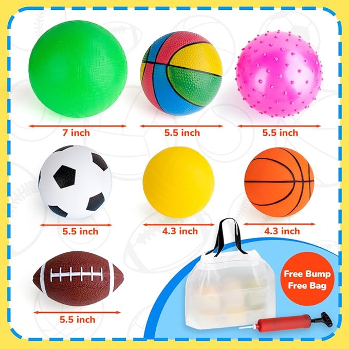 Balls for Toddlers 1-3,Toddler Sports Ball Outdoor Toys,Set of 7 Kids Foam Ball Baby Ball Indoor Outdoor Toys-Playground Ball Basketball Football Volleyball Rugby Bounce Ball with Bag
