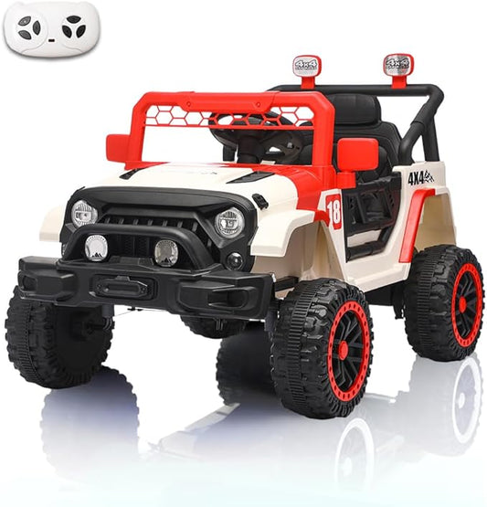 12V Kids Car, 4x4 Electric Car for Kids with Remote Control, LED Headlights & Music, Ride-On Truck Toy Gift for Boys Girls 3-8 Years (Flame Red & White)