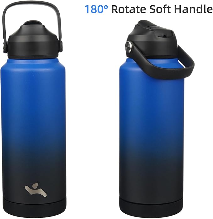 Insulated Water Bottle with Straw Lid,32 oz Stainless Steel Vacuum Metal Bottle with Silicone Handle,Black Blue