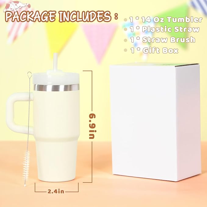 Cosictic 14 Oz Tumbler with Handle and Straw for Kids, Stainless Steel Double Wall Vacuum Insulated Cup for Children, 14 Oz Cups for Kids (Cream)