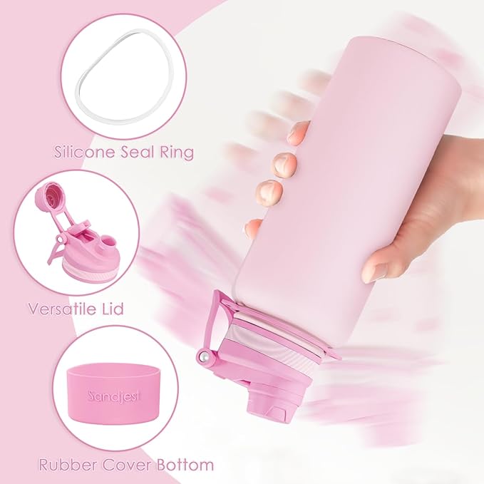 SANDJEST Stainless Steel Water Bottle with Strap 32oz, Insulated Bottles with Straw and Spout Lid for Gym Sports Travel Outdoor, Gifts for Women Girls Birthday Christmas (Pink)