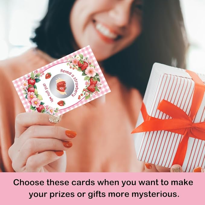 50 Pcs Strawberry Themed Scratch Off Game Cards, Pink Scratch Cards for Birthday, Baby Shower, Party Supplies, Lottery Prize Raffle Ticket, Berry Theme Party