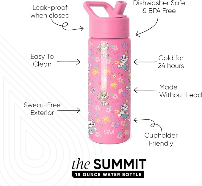 Simple Modern Paw Patrol Kids Summit Water Bottle with Straw Lid | 18oz Stainless Steel Cup Insulated Tumbler for Toddlers, School | Sunny Florals