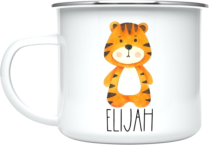 Personalized Mug for Kids, Boys, Girls | Customized Cocoa, Hot Chocolate, Coffee & Milk Cup | Custom Name Birthday Gift Party Favors | 11 Oz Stainless Steel Camping Mug Unbreakable | Tiger