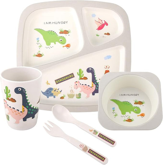 Kids Tableware Set 5 Pcs, Feeding Dinnerware Set for Toddlers Includes Plate Bowl Cup Fork and Spoon Utensil Flatware, Kids Feeding Set Dishwasher Safe, BPA Free (Dinosaurs)