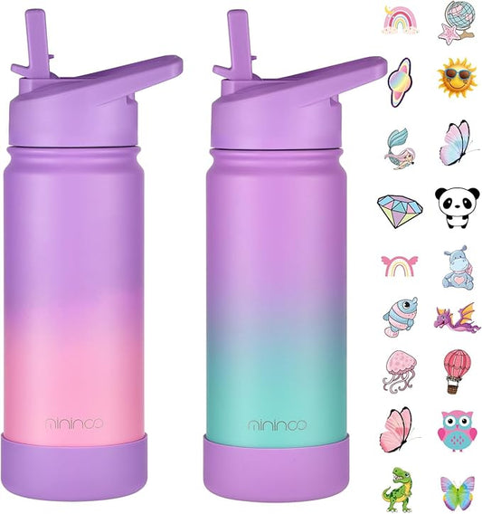 mininoo Kids Water Bottle for School, 16oz Stainless Steel Insulated Water Bottle Kids with Straw Lid for Girls, Boys (2 Pack)