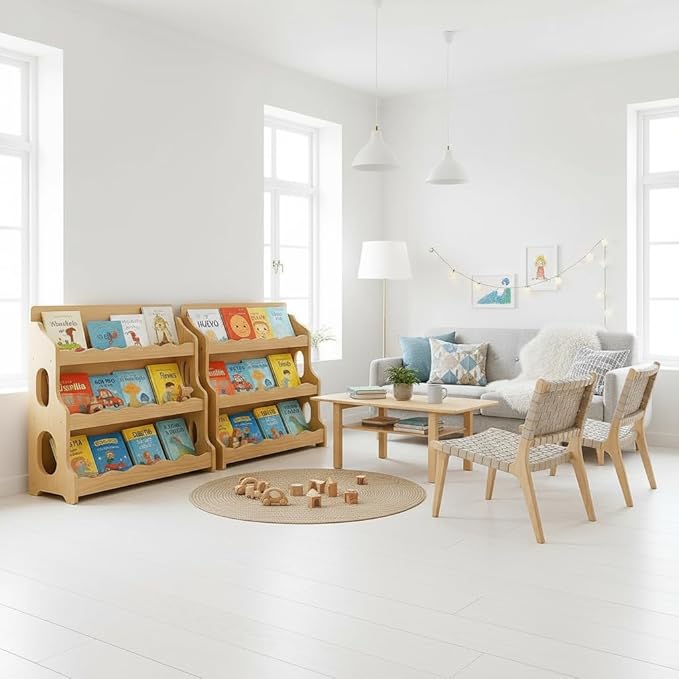 Kids Bookshelf Wooden Montessori Book Shelf Dutch Design 3Tier Scalloped,NaturalMapleWood Pattern