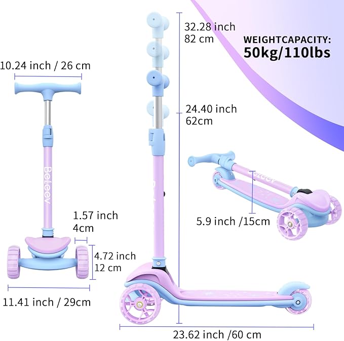 BELEEV A8 Scooter for Kids Ages 3-12, 3 Wheel Folding Scooter for Toddlers Girls Boys, LED Light-Up Wheels, 4 Adjustable Height, Lean to Steer, Extra Wide Wheels, Three Wheel Kick Scooter for Children