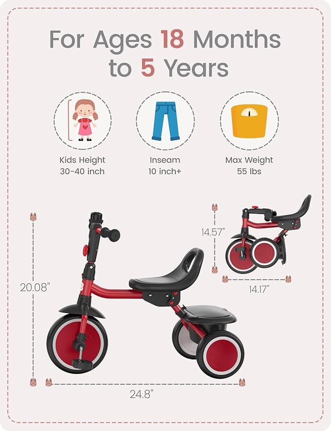 besrey Toddler Tricycle with Bell, Kids Tricycle Age 18 Months to 5 Years, Kids Trike, Toddler Bike for 1.5-5 Year Olds, Baby Trike, Gifts & Toys for Boys & Girls, Red