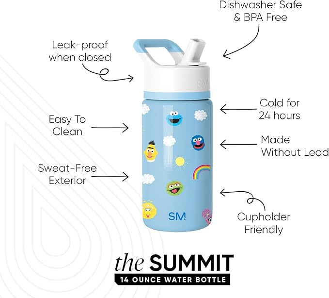 Simple Modern Kids Summit Water Bottle with Straw Lid | Sesame Street 14oz Stainless Steel Cup Insulated Tumbler for Toddlers, School | Sesame Street Pals