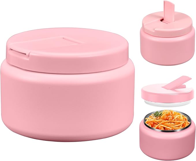 13.5oz Kids Jar for Hot Food, Insulated Vacuum Food Jar with Buckle Lid, Stainless Steel Wide Mouth Leak Proof Insulated Lunch Container for School Picnic Travel,Pink