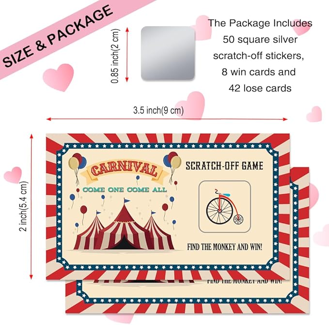 50 Psc Carnival Come One Come All Scratch off Game Cards, Retro Circus Theme Scratch Cards for Birthday Circus Party Baby Shower, Classroom Party Supplies, Lottery Group Games Activity