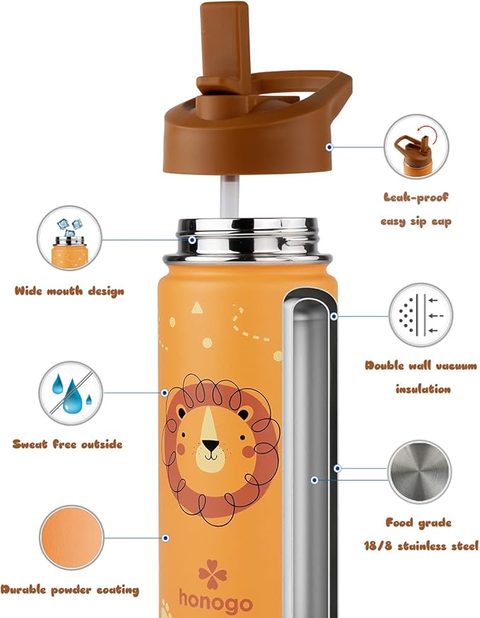 16 oz Stainless Steel Insulated Kids Water Bottle, Leak Proof Metal Thermal Flask with Straw lid, Cute Toddler Tumbler Cup for School Girls & Boys (Lion, Orange)