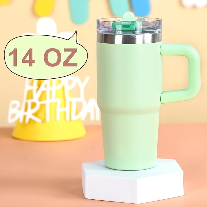 Cosictic 14 Oz Flip Straw Tumbler with Handle for Kids, Stainless Steel Double Wall Insulated Cup for Children with Flip Top Lid, 14 Oz Leak-proof Cups for Kids, Green