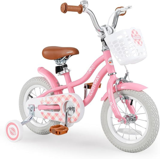 COSTWAY Kids Bike, 12 14 16 18 Inch Toddler Bike Children Bicycle w/Training Wheels, Hand & Coaster Brakes, Adjustable Saddle & Handlebar, Basket, Bell, Kids Bicycle for Girls Boys Aged 3-8 Years Old