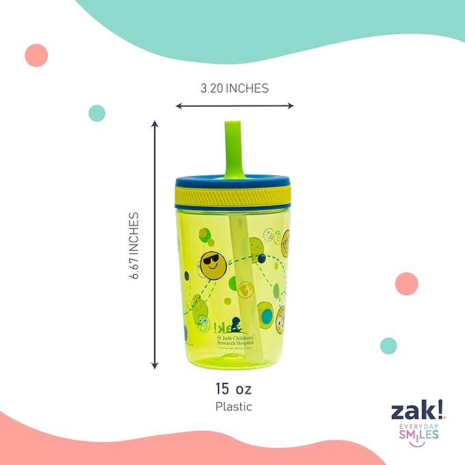 Zak Designs Kelso Toddler Tumblers Benefiting St. Jude, For Travel or At Home, 15oz 2-Pack Durable Plastic Sippy Cups With Leak-Proof Design is Perfect For Kids (Space and Smiles)