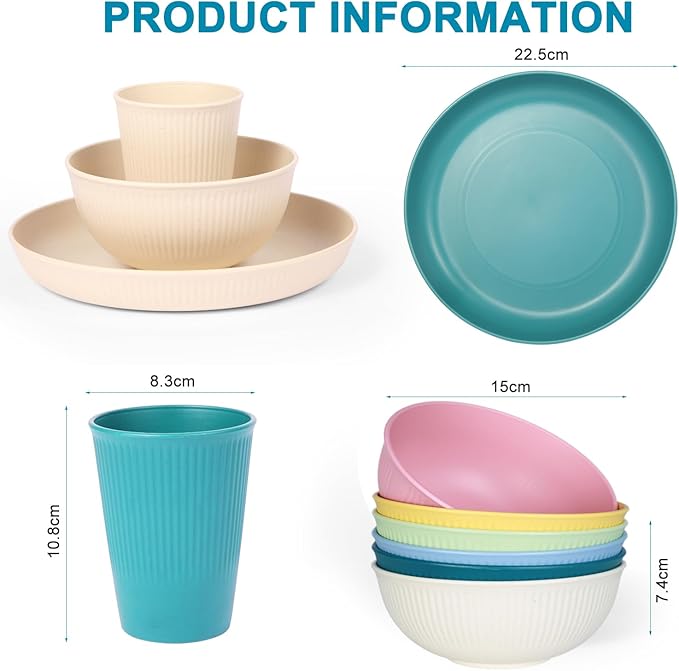 18pcs Wheat Straw Dinnerware Sets, Unbreakable dish Set Reusable Plates, Bowls, and Cups Set dishes Dishwasher Microwave Safe for Kitchen Outdoor Travel Camping (Light Macron)