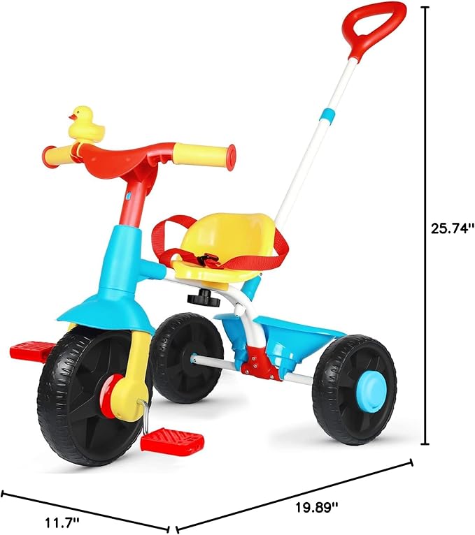 KRIDDO 2 in 1 Kids Tricycles Age 18 Month to 3 Years, Gift Toddler Tricycles for 2-3 Year Olds, Trikes for Toddlers with Push Handle and Duck Bell (Classic, EVA Wheel)