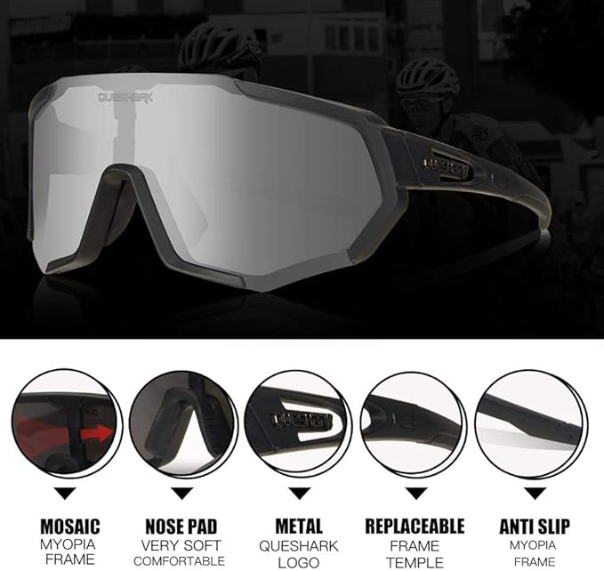 Queshark Cycling Glasses, Sports Sunglasses for Men Women, 1 Polarized 2 HD Lens, Polarized Sunglasses for Cycling Running