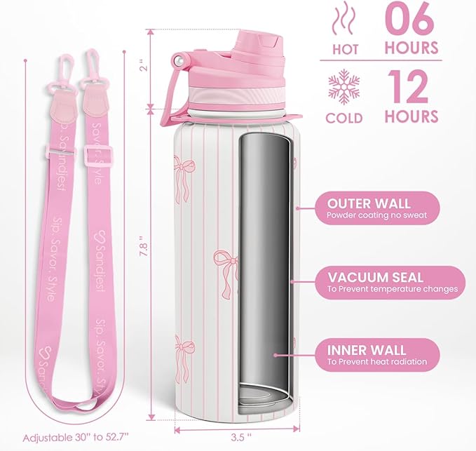 Bow Stainless Steel Water Bottle with Strap 32oz, Insulated Bottles with Straw and Spout Lid for Gym Sports Travel Outdoor, Gifts for Women Girls Birthday Christmas