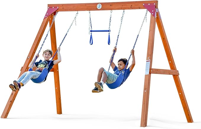 Dolphin Playground Wooden Swing Sets for Backyard, Family DIY Kit for Any Swings, Outdoor Playset for Kids with Trapeze Swing Bar and 2 Belt Swings, Heavy Duty Playground Accessories, Ages 3-10