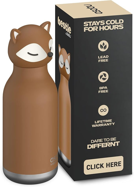 asobu Bestie Bottle Insulated Stainless Steel Water Bottle with Detachable Soft Animal Head Fun Drinking For Kids and Teens with Flexible Reusable Straw 16 Ounce (Fox)