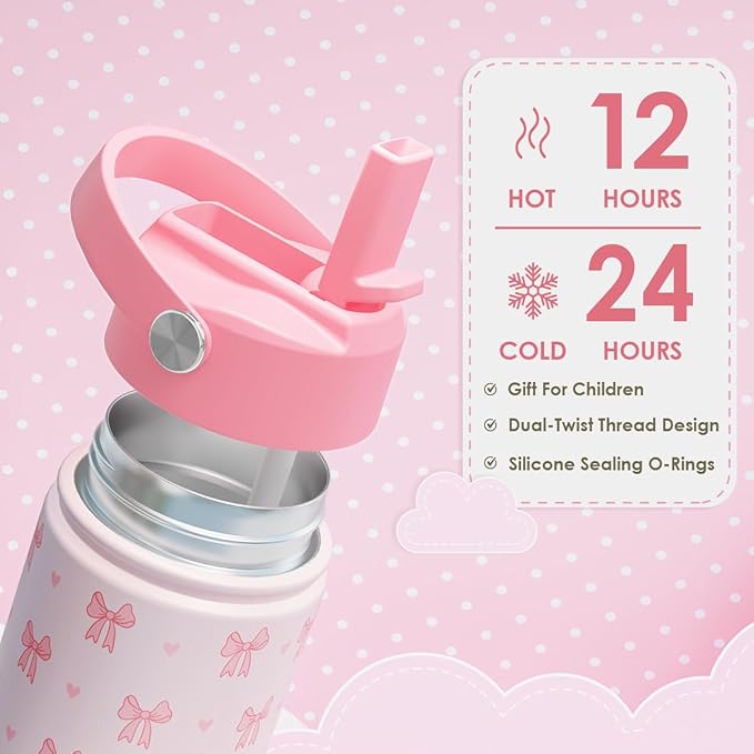 Bow Kids Water Bottle With Straw Lid 12oz Insulated Stainless Steel, Travel Tumbler, Pink Bow Gifts For Girls, Birthday, Christmas, Back To School