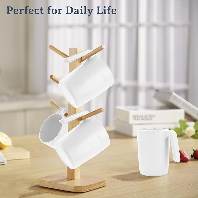 Wheat Straw Cups with Handles 16oz -Plastic Cups Reusable Set of 6-Unbreakable Coffee Mugs- Microwave & Dishwasher Safe Mug-Ideal Plastic Mugs for Tea,Coffee,Camping,RV-White