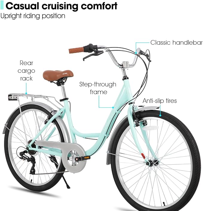 HILAND 26 inch Complete Beach Cruiser Bike for Adults, 7 Speed Step-Through Frame Womens Bicycle with Rear Rack, Retrospec Bike Commuter City Bicycle for Men