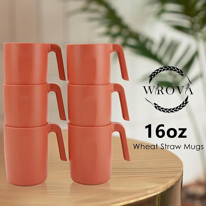 16oz Wheat Straw Cups with handles set of 6-Plastic Cups Reusable-Unbreakable Kids Mugs-Dishwasher Safe & Microwave Safe-Ideal Plastic Mugs for Tea,Coffee,Camping,RV-Orange