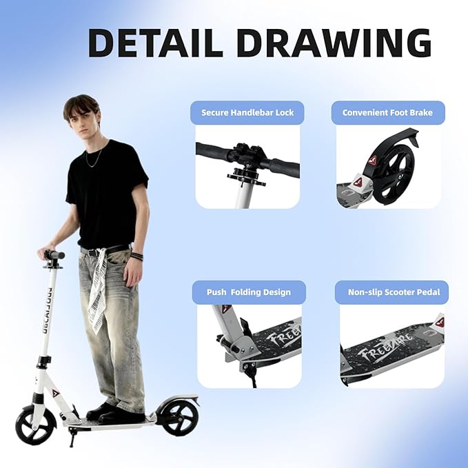 FREEDARE Kick Scooter for Kids & Adults Ages 8+, Foldable Teen Scooter with 2 Big 8-inch Wheels and 4-Level Adjustable Handlebar, Max Load 220 LBS