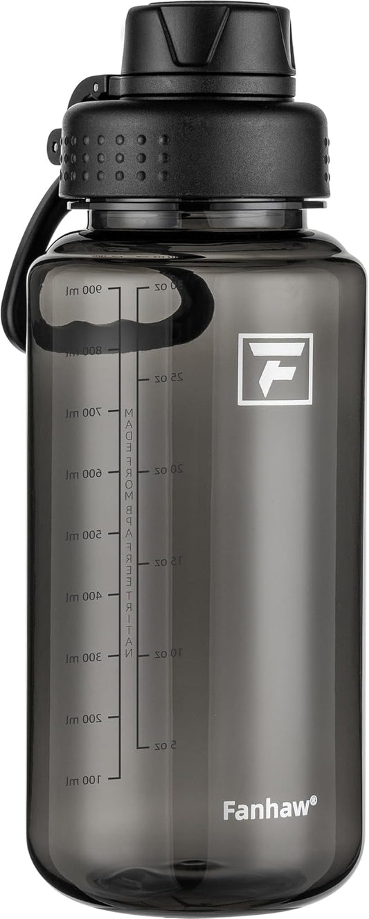 Fanhaw 32 oz Clear Water Bottle with Fast-Flow Spout Lid, BPA-Free Tritan, Wide Mouth, Leakproof, Reusable Bottle for Gym, School, Office, Travel (Black)