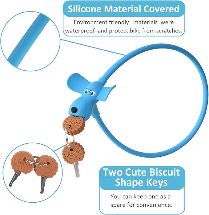 Bike Cable Lock with Keys,Silicone Covered Kids Cable Lock Cartoon Lock,2 Feet Lock for Bike,Door,Skateboard,Helmet and More (Blue, Large)