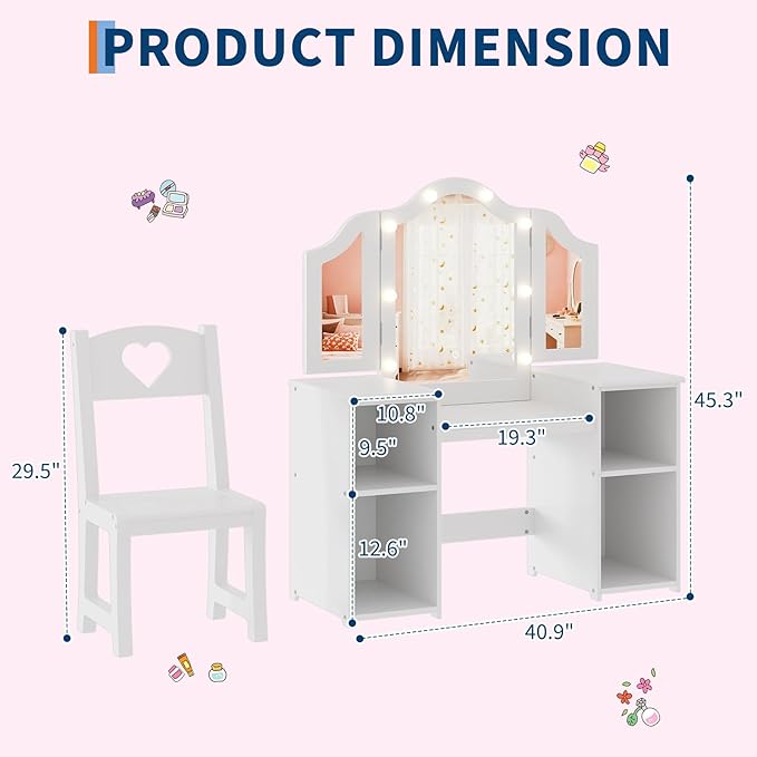 Kids Vanity with Lights,Princess Makeup Desk and Chair with Tri-Fold Mirror,Open Bookshelf, Storage Cabinet,Toddler Vanity,Pretend Play Dressing Table for Little Girls,White