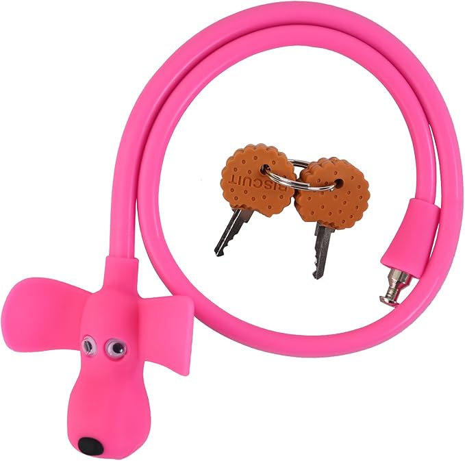 Bike Cable Lock with Keys,Silicone Covered Kids Cable Lock Cartoon Lock,2 Feet Lock for Bike,Door,Skateboard,Helmet and More (Pink, Large)