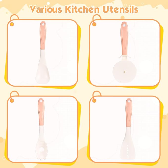 56Pcs Mini Play Kitchen Accessories for Kids, Pretend Cooking Playset with Cookware, Tableware & 2 Fruit Sets, Learning Gift for Girls, Boys, Toddlers, Pink