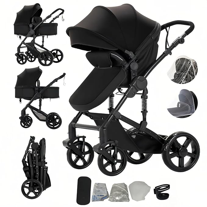 2 in 1 Baby Stroller with Bassinet Mode, Reversible Infant Pram, One-Click Folding, Newborn Travel Stroller, Convertible Toddler Standard Pram Carriage (2US588-BLACK)