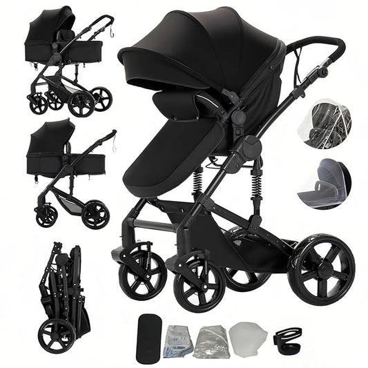 2 in 1 Baby Stroller with Bassinet Mode, Reversible Infant Pram, One-Click Folding, Newborn Travel Stroller, Convertible Toddler Standard Pram Carriage (2US588-BLACK)